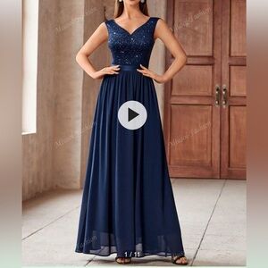 MIUSOL V-Neck Sequin Insert Floral Lace Chiffon Maxi Formal Dress Elegant Size S